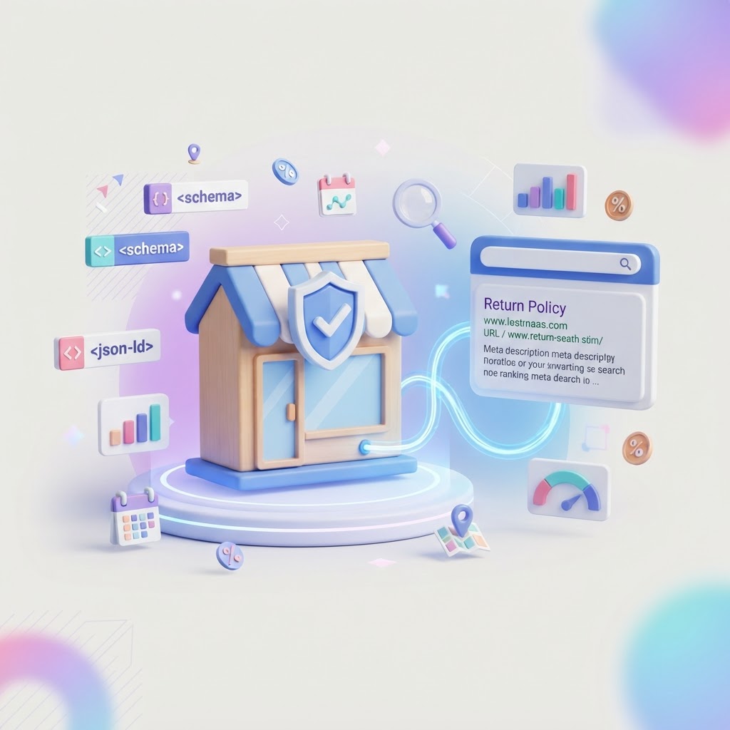 A 3D illustration of a store icon connected to a search result snippet with trust symbols.