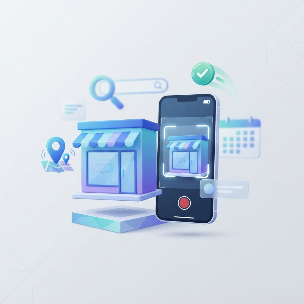 A smartphone recording a 3D storefront icon with location and checkmark icons floating nearby.