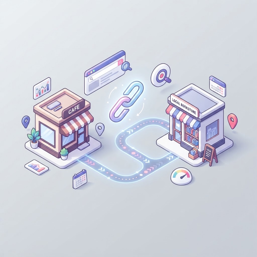 Two business storefronts connected by a digital link symbol representing a local co-marketing SEO partnership.