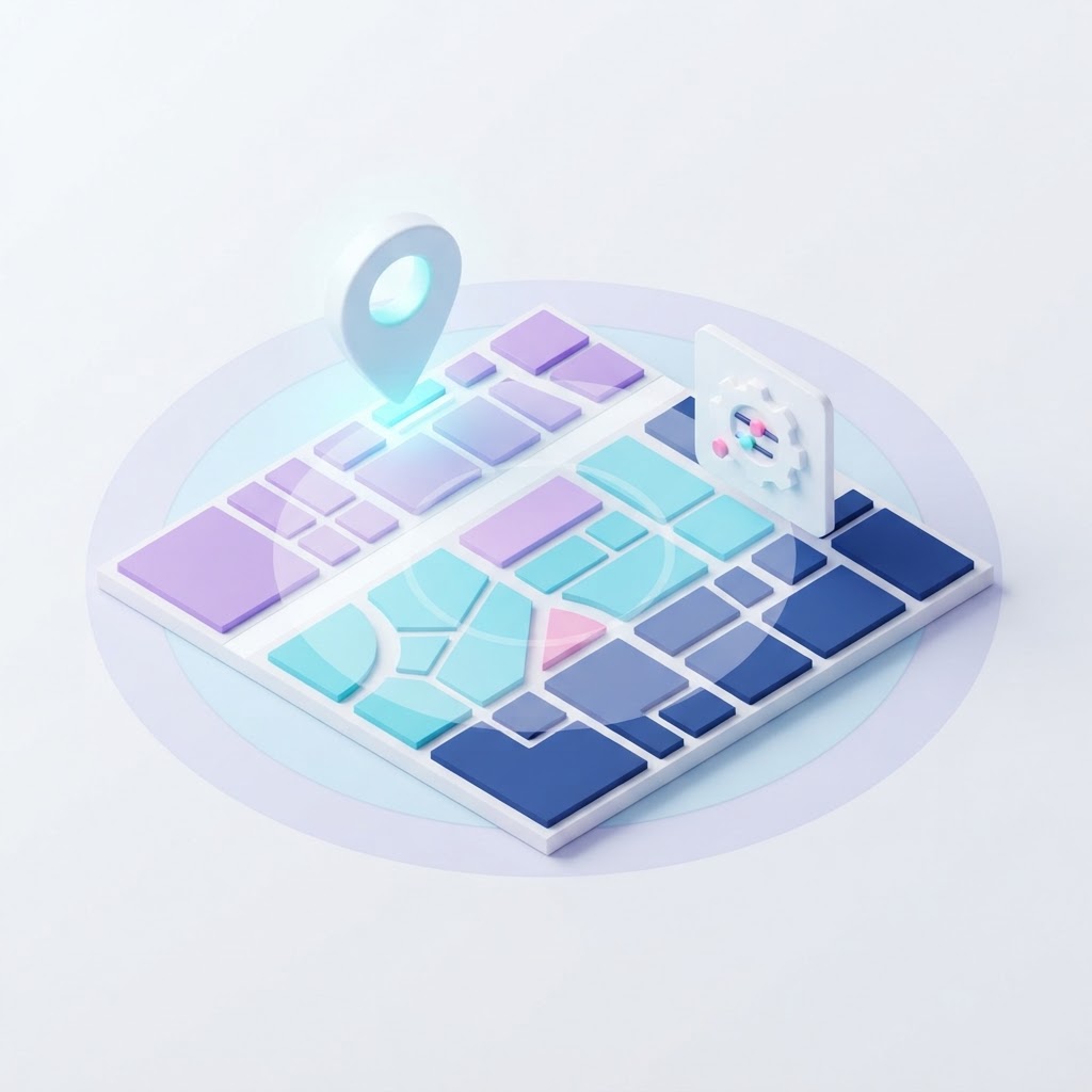 A 3D isometric map illustration showing city neighborhoods and circular service radius zones.
