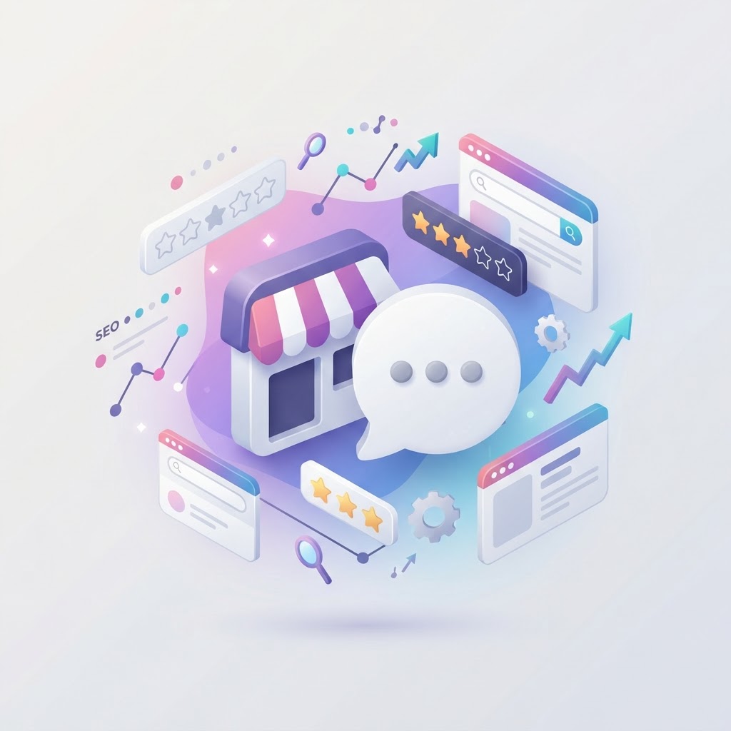 Isometric illustration of a storefront and feedback icons representing reputation management.