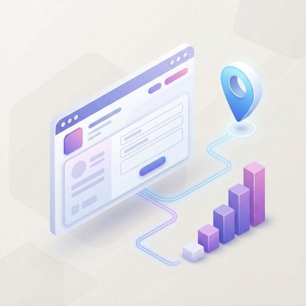 An isometric 3D graphic showing a contact form layout connected to a local map pin and a graph.