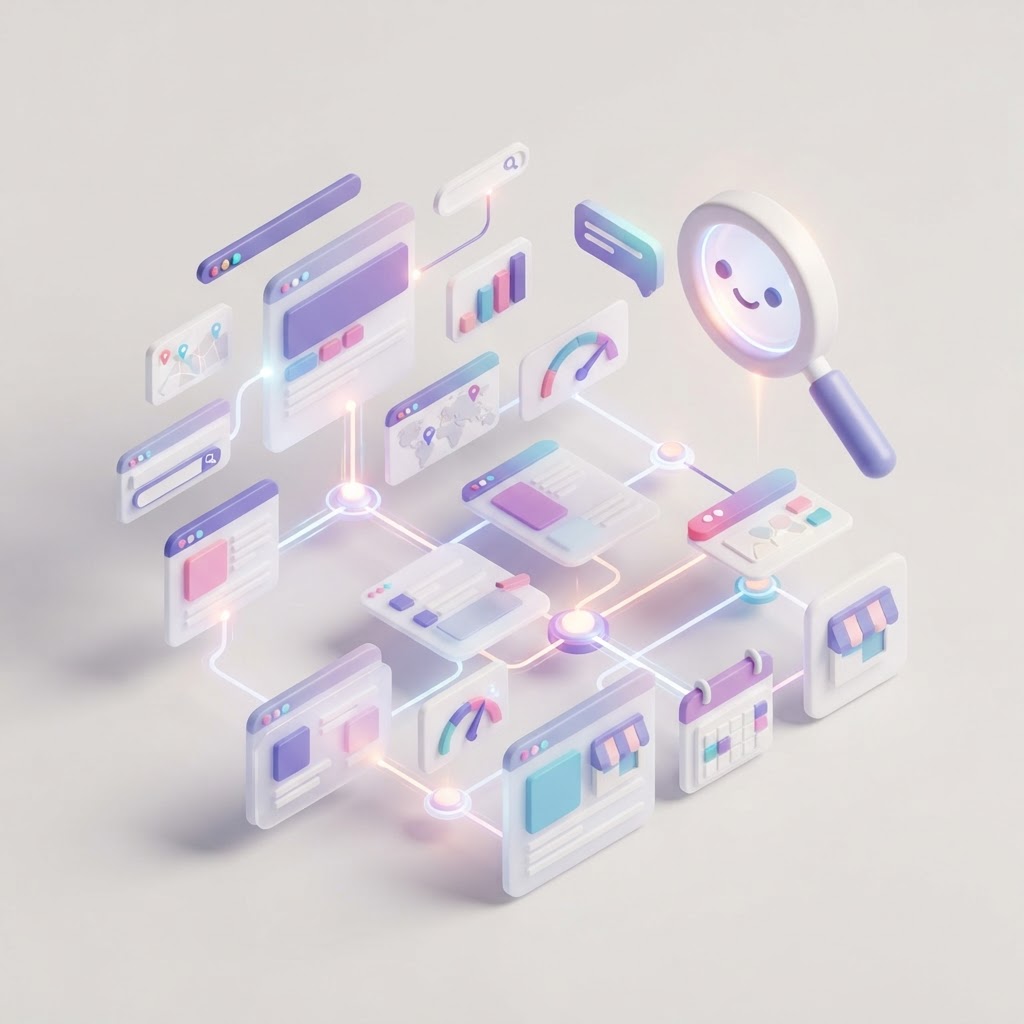 Abstract 3D illustration showing interconnected web page cards linked together by glowing lines.