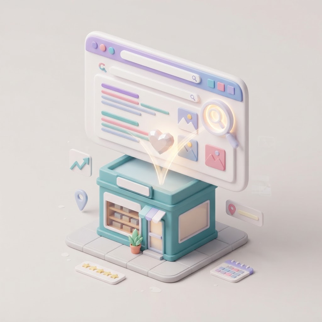 A 3D browser icon hovering over a local shop with a heart symbol flowing into a search glass.