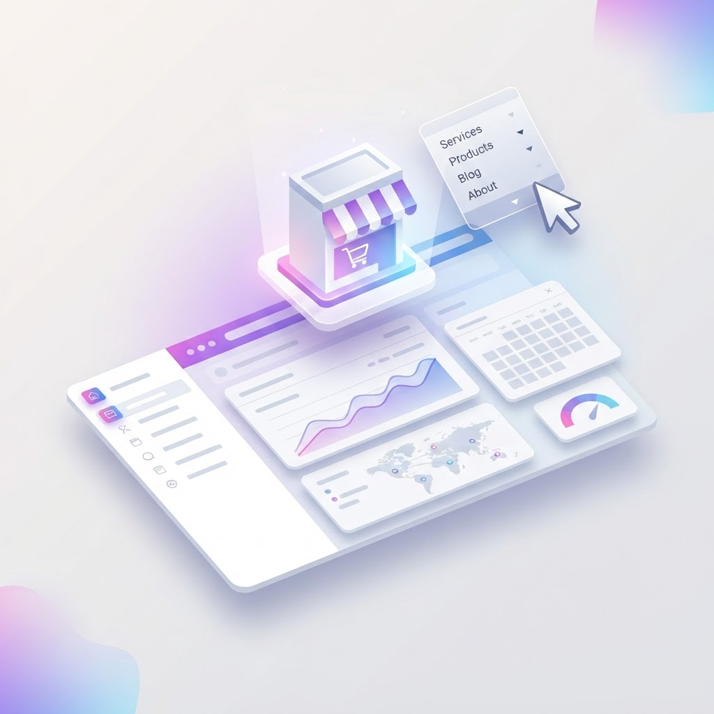 A 3D interface element showing a storefront icon and an interactive category dropdown menu.