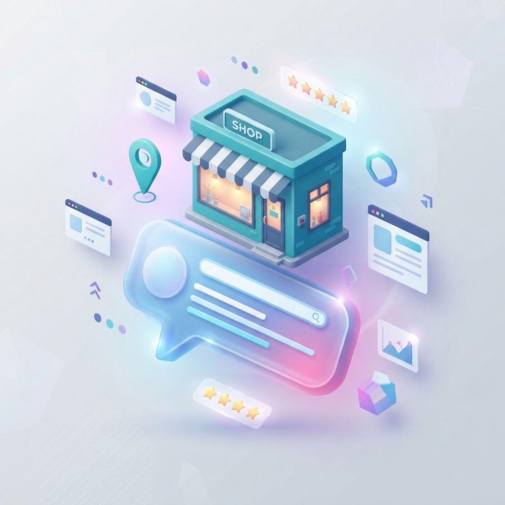 A 3D isometric storefront icon with speech bubbles and star ratings on a clean neutral background.
