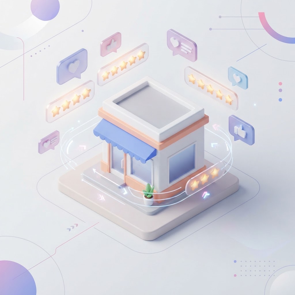 A 3D graphic showing a storefront icon surrounded by floating five-star symbols.