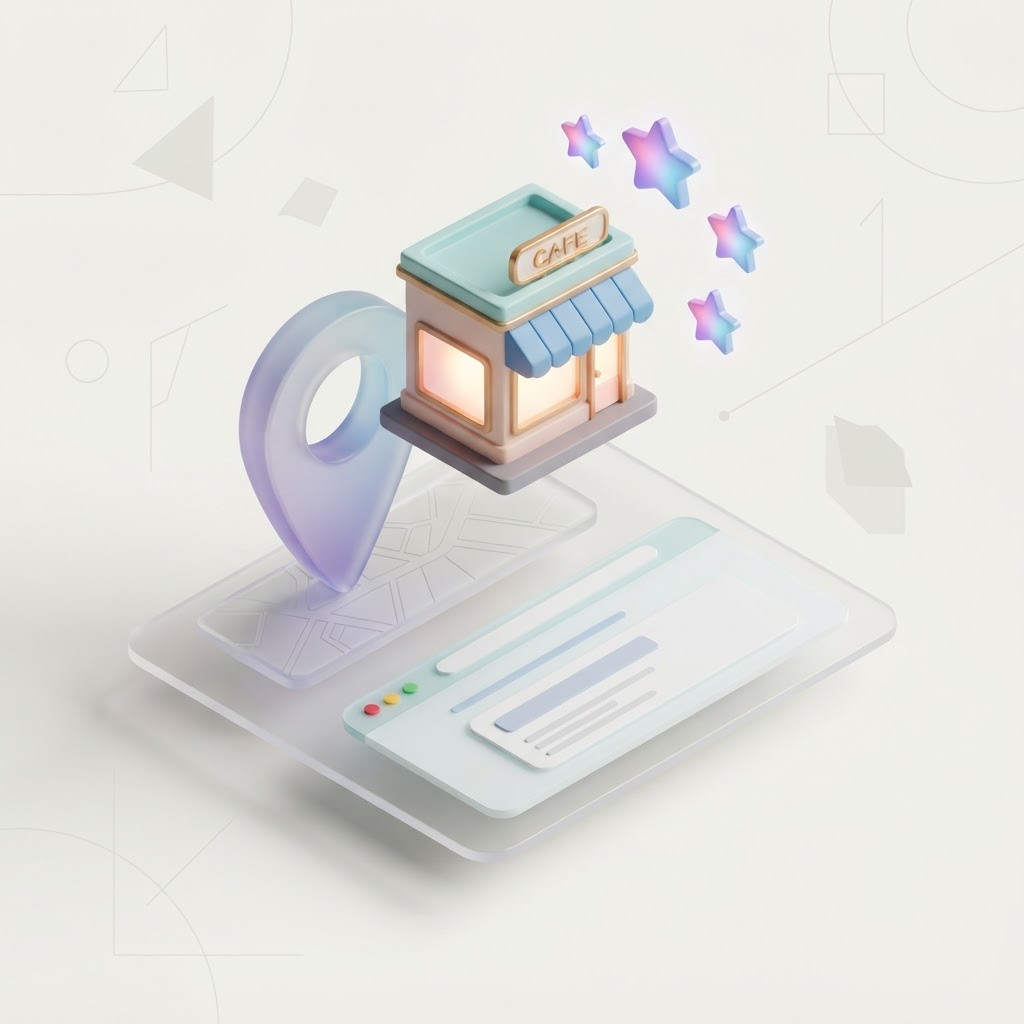 A 3D isometric storefront icon with a map pin and star review icons representing local SEO.