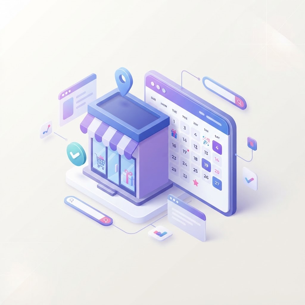 A 3D icon of a storefront and a calendar, representing updating business hours for local SEO.
