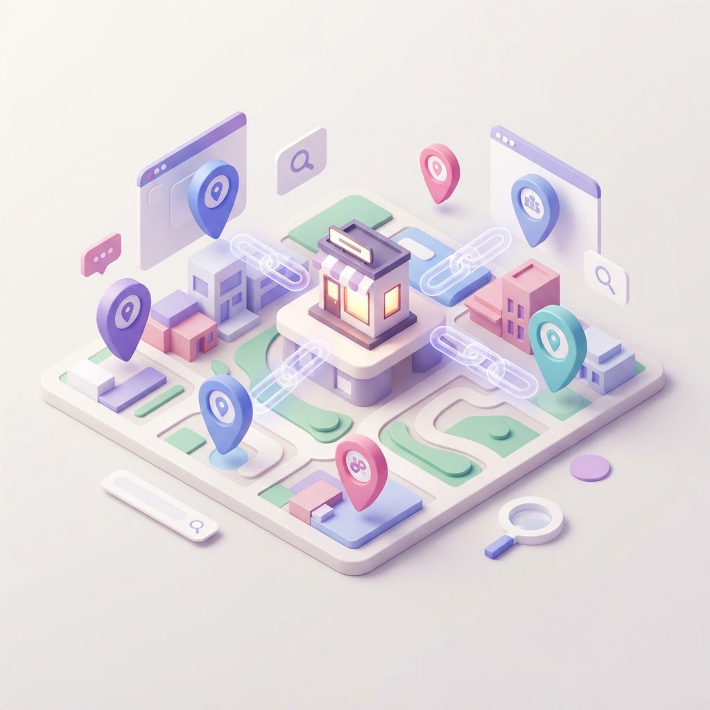 A stylized local map with connecting link chains pointing to a small business store icon.