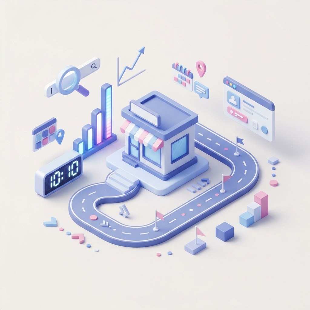 A 3D isometric illustration of a storefront on a roadmap timeline representing SEO growth.