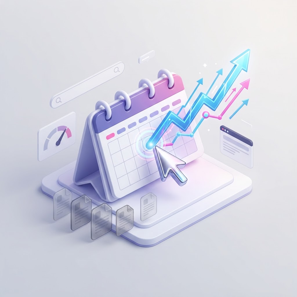 A 3D illustration showing a refreshed digital calendar with an upward trending graph.