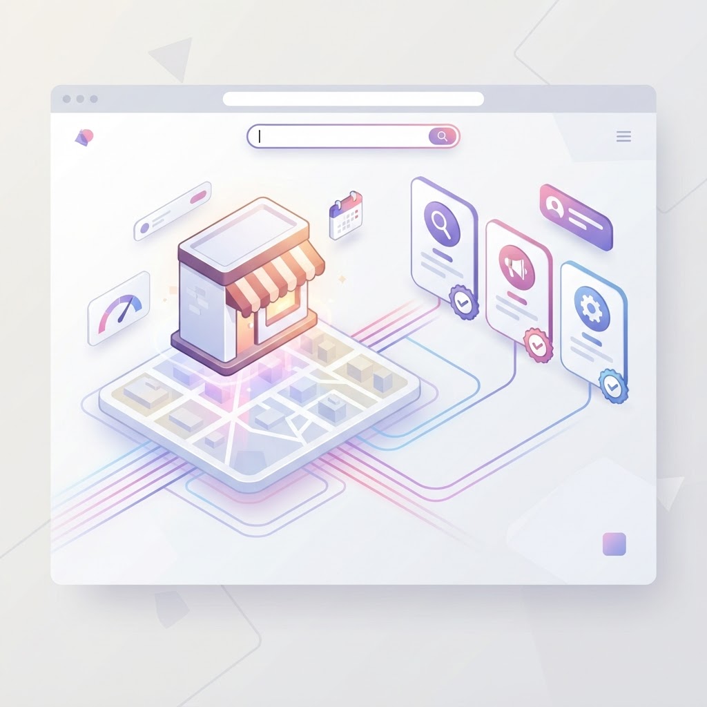 A 3D illustration of a local business map connected to professional staff profile cards.