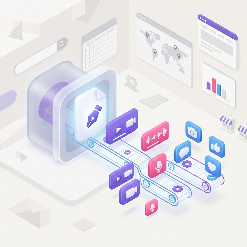 A document icon transforming into various social media content cards representing a repurposing system.