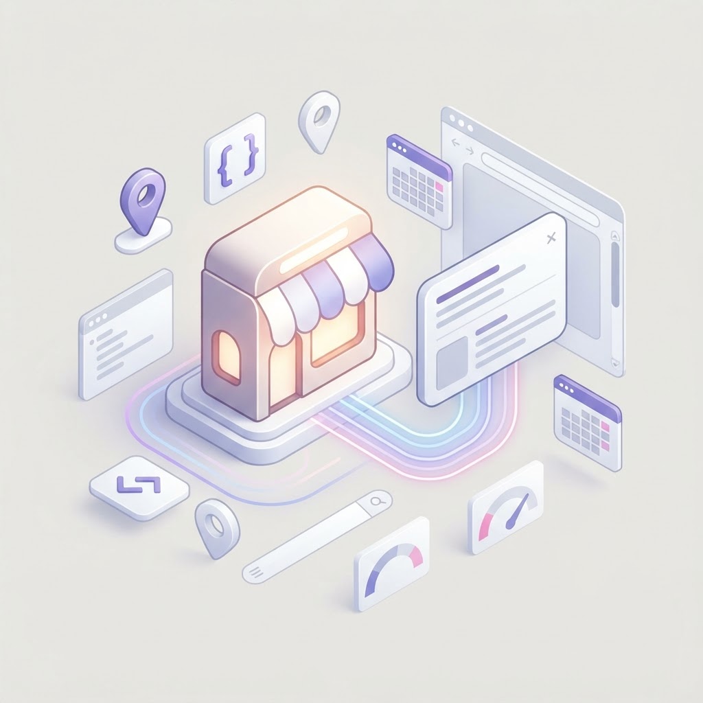 Isometric illustration of a storefront connecting to digital data tags and location markers.