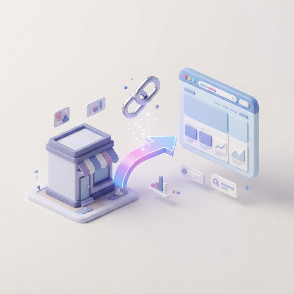 A 3D graphic showing a business storefront icon transitioning into a web browser window.