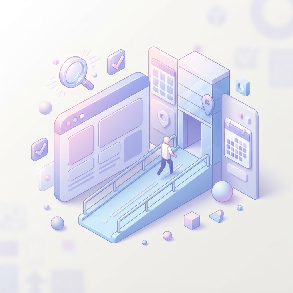 A 3D isometric illustration of a digital storefront with a ramp, representing website accessibility.