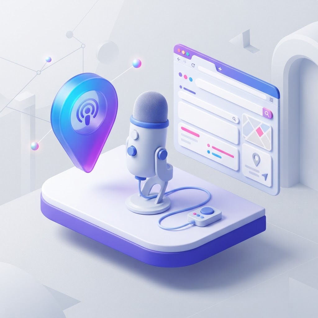 A 3D microphone icon next to a map location pin and a browser window representing podcast SEO.