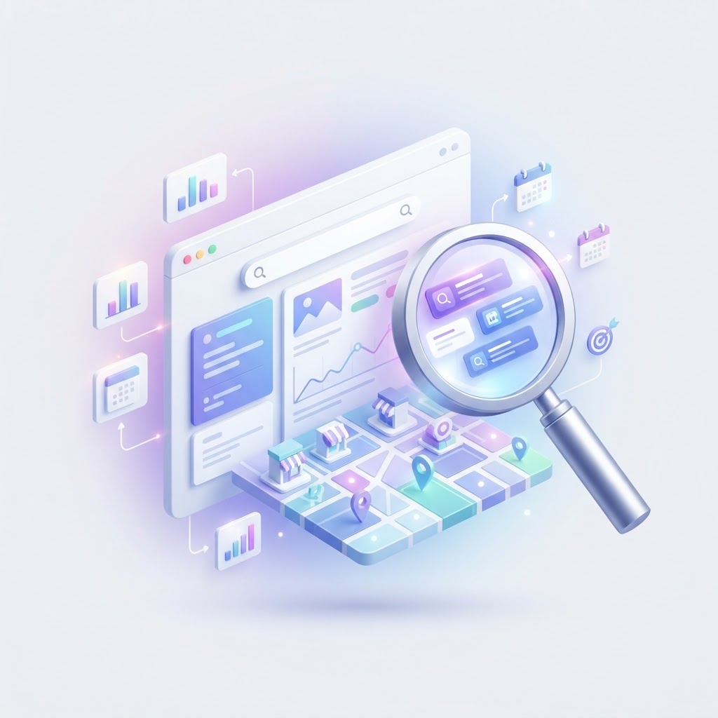 A modern 3D illustration featuring a browser interface, a search icon, and a digital map.