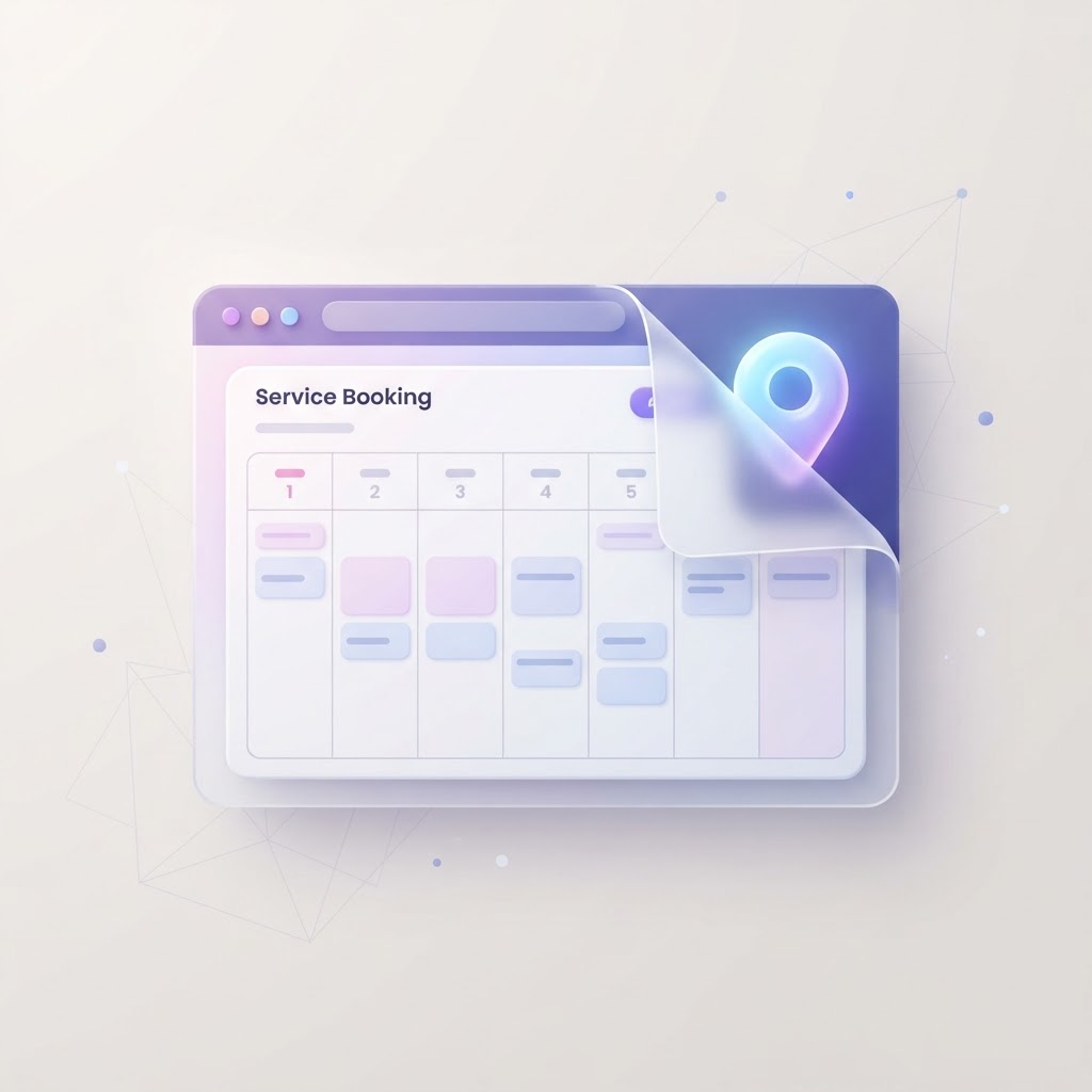 A stylized browser booking interface lifting to reveal a search location pin.