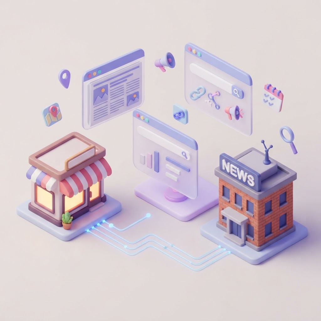 A 3D illustration showing a local business storefront connecting to a news media building.