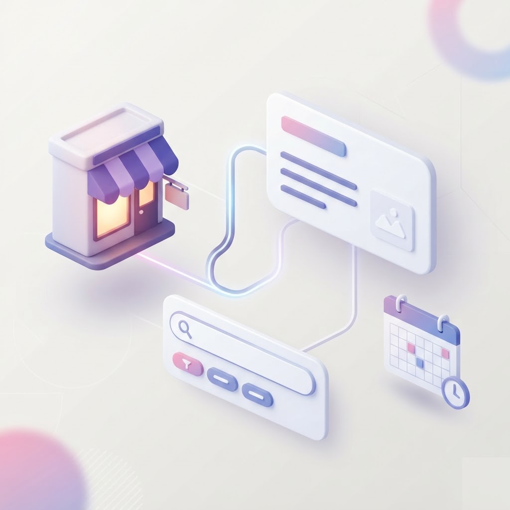 A 3D illustration featuring a digital storefront icon and a content card, representing local search.