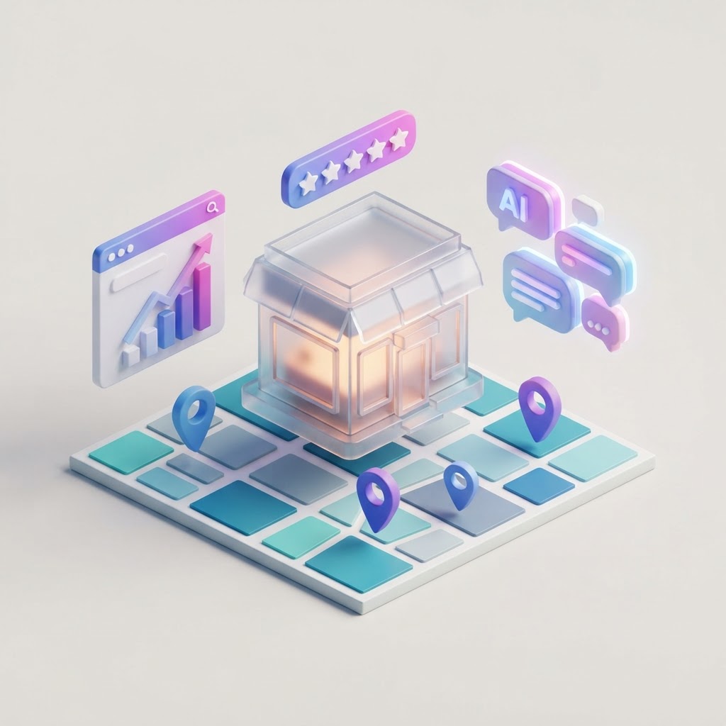 3D isometric storefront icon with map pins and star ratings representing local SEO optimization.