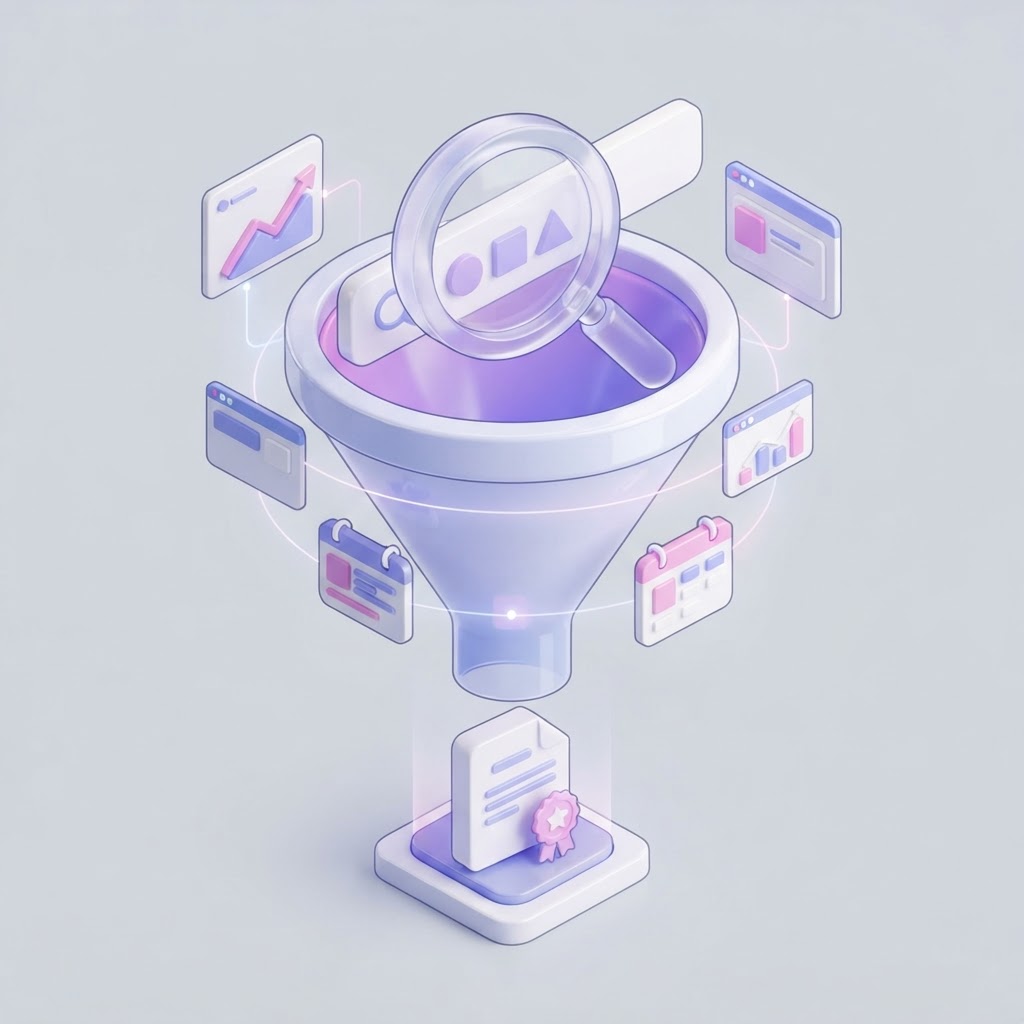 Isometric illustration of a digital funnel filtering high-value business leads for SEO.