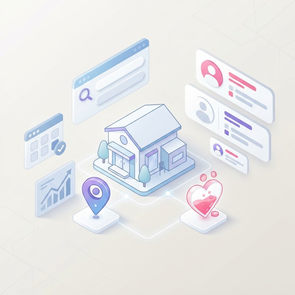 A 3D graphic showing a community center, map pin, donation gauge, and volunteer cards.