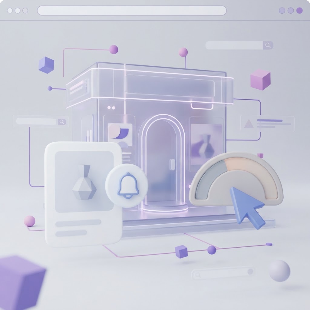 A digital storefront icon with a product status gauge and search cursor representing inventory SEO.