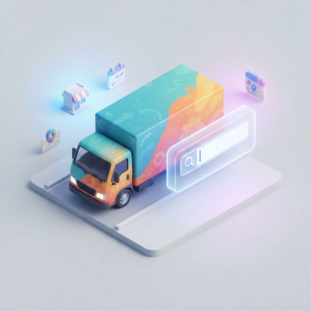 A 3D graphic showing a delivery truck next to a search bar icon, representing offline-to-online SEO.