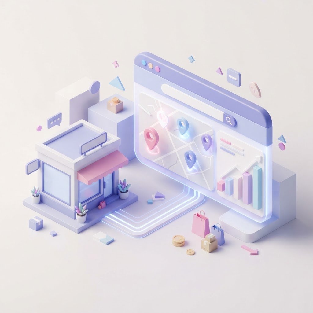 A 3D isometric storefront icon merging with a digital browser interface and location pins.