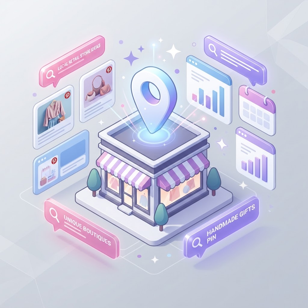 Isometric graphic featuring a storefront icon and content cards representing Pinterest local SEO.