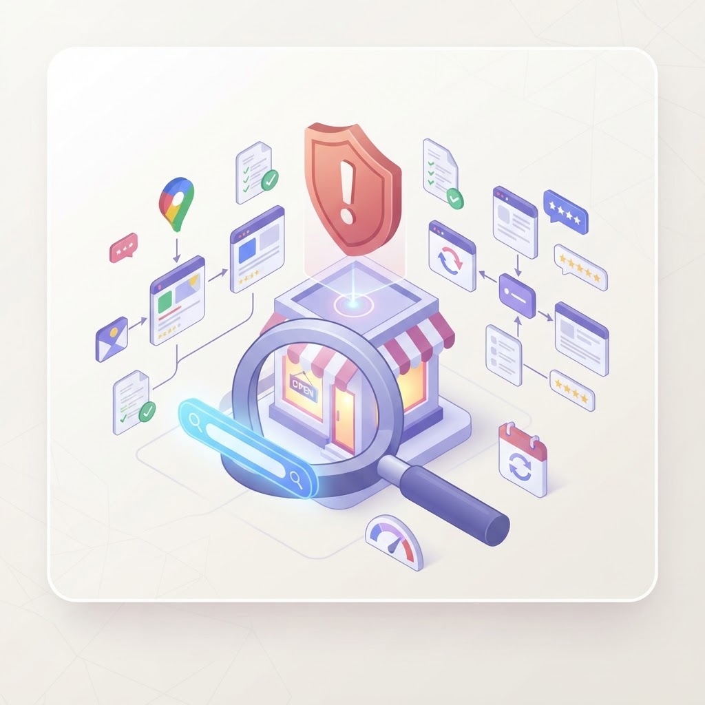 A 3D isometric icon of a storefront and search glass with a warning shield, representing local SEO.