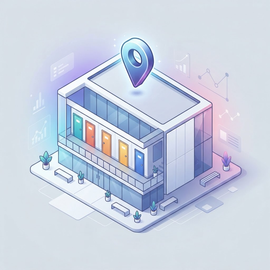 A 3D isometric illustration of a co-working office building with a navigation pin icon.