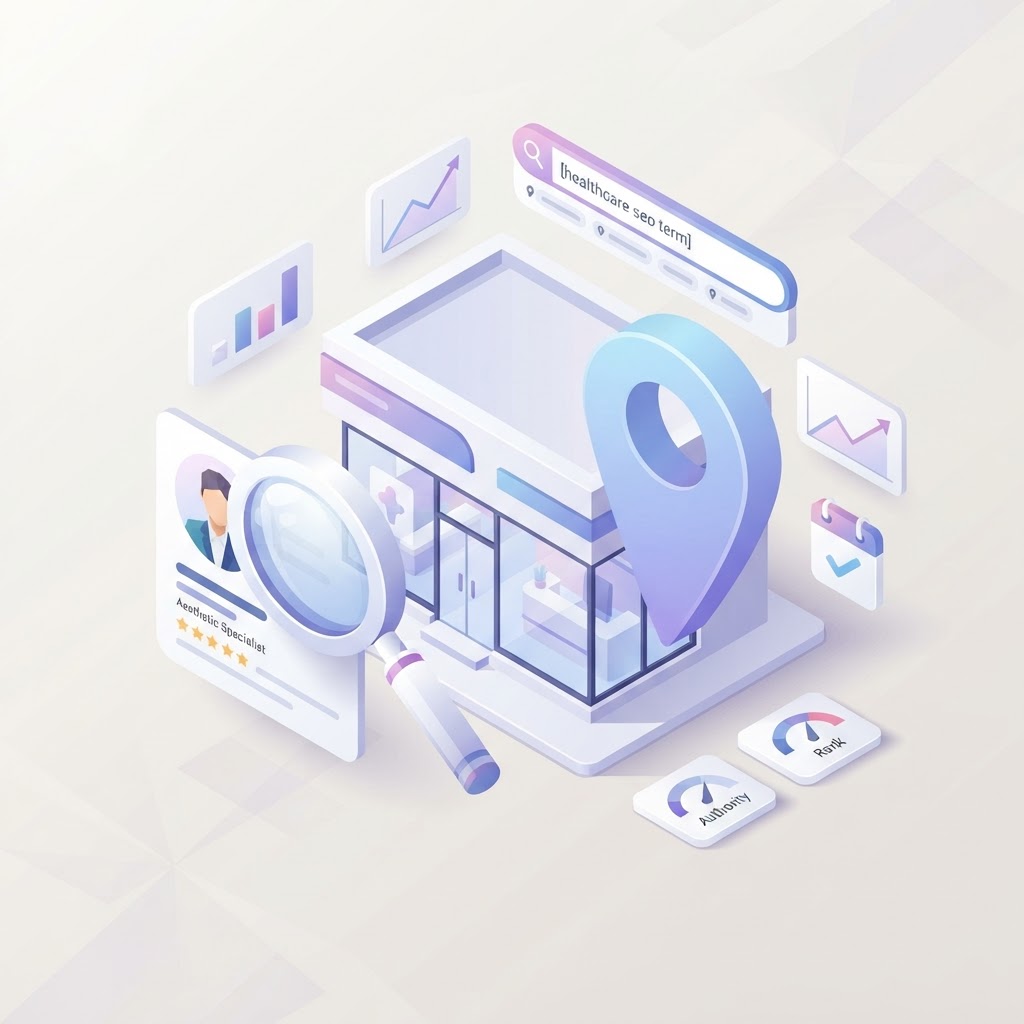 A 3D isometric medical spa building with a map marker and practitioner profile icon.