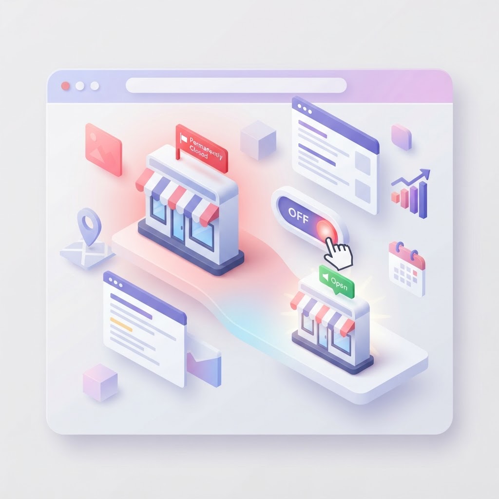 A digital storefront icon transitioning from closed to open in a minimalist interface.