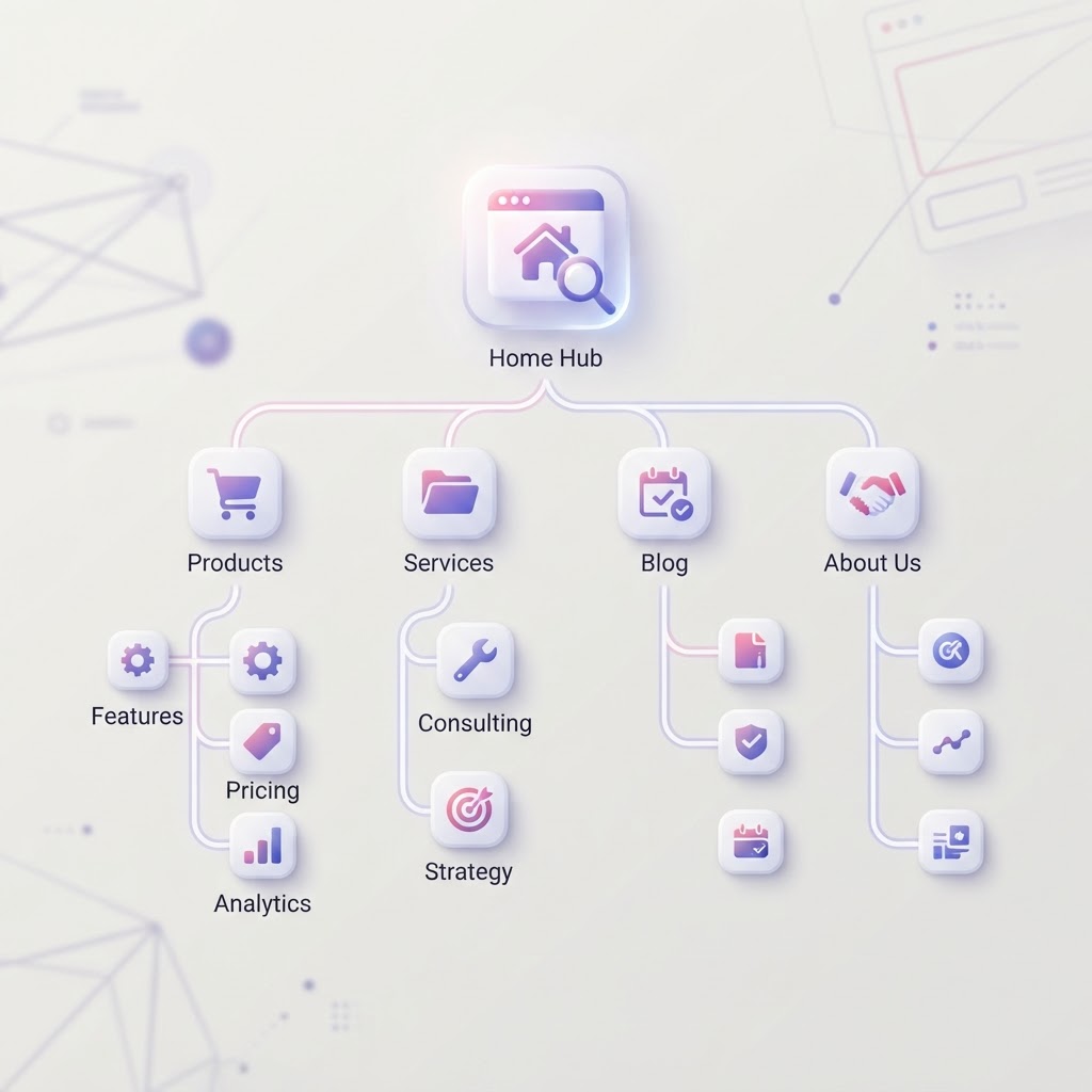 A 3D graphic showing a branching tree structure representing an organized website navigation menu.