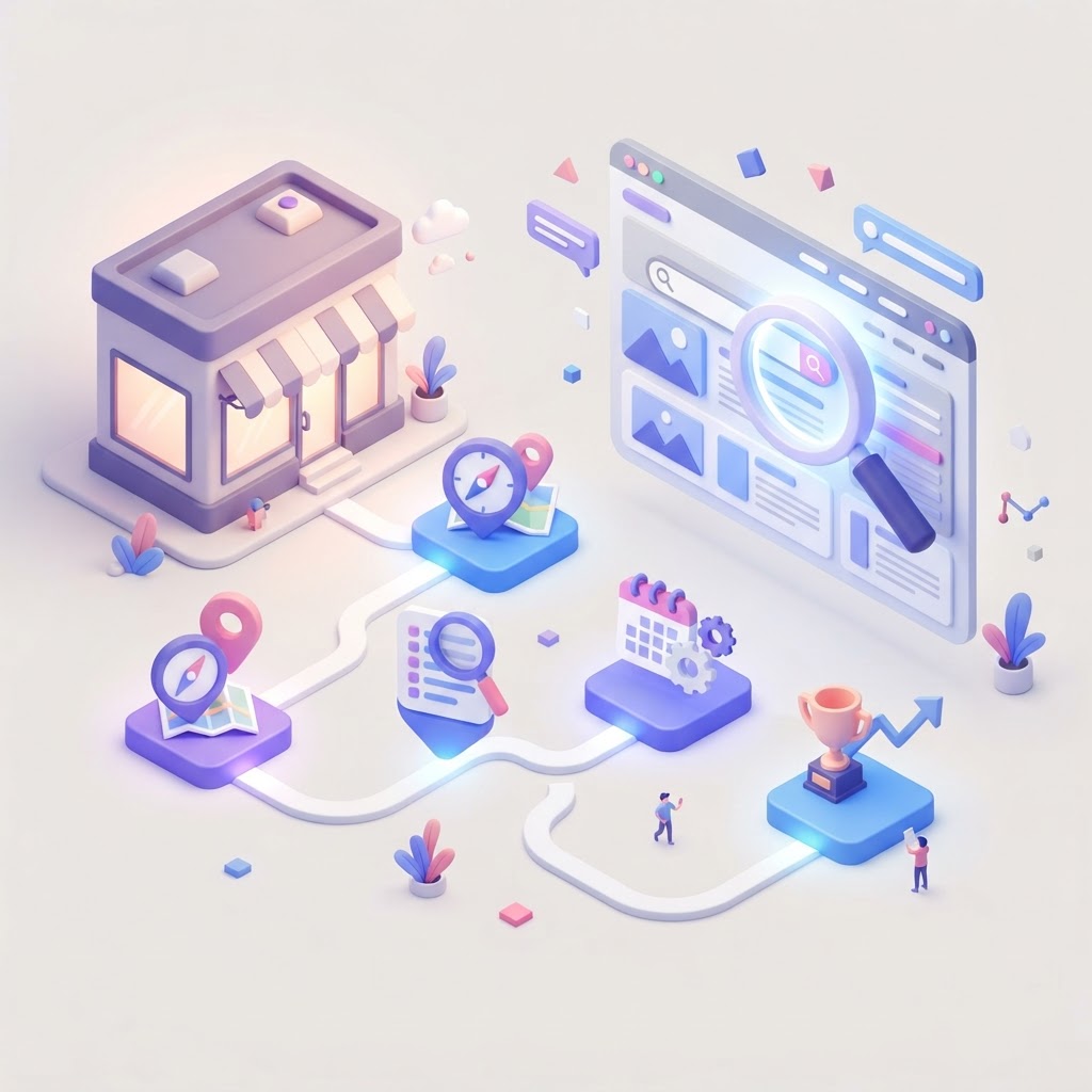 A 3D isometric graphic showing a storefront connected to a three-step SEO roadmap path.