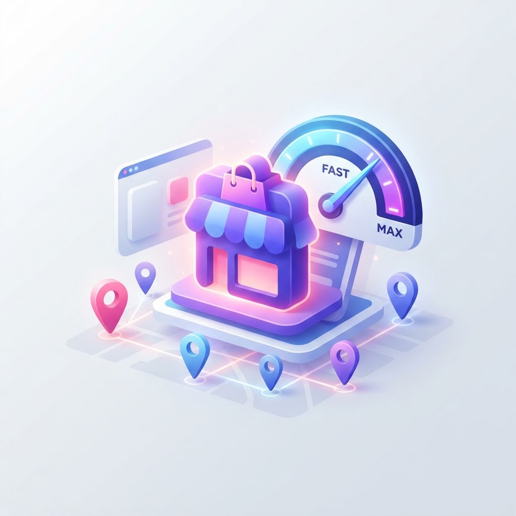 A 3D graphic showing a pop-up shop icon with a speed gauge and a location pin on a neutral background.