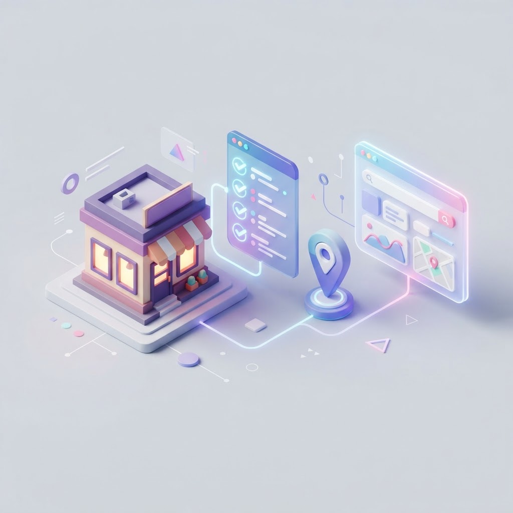 A 3D isometric storefront icon, a checklist, and a map pin representing local SEO setup.