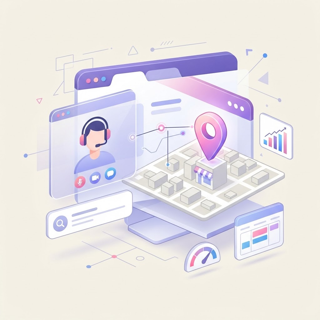A 3D illustration of a video chat interface combined with a location map pin.