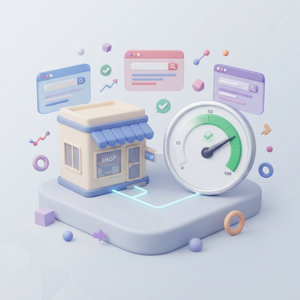 A 3D graphic showing a small business storefront icon linked to a green speed gauge icon.