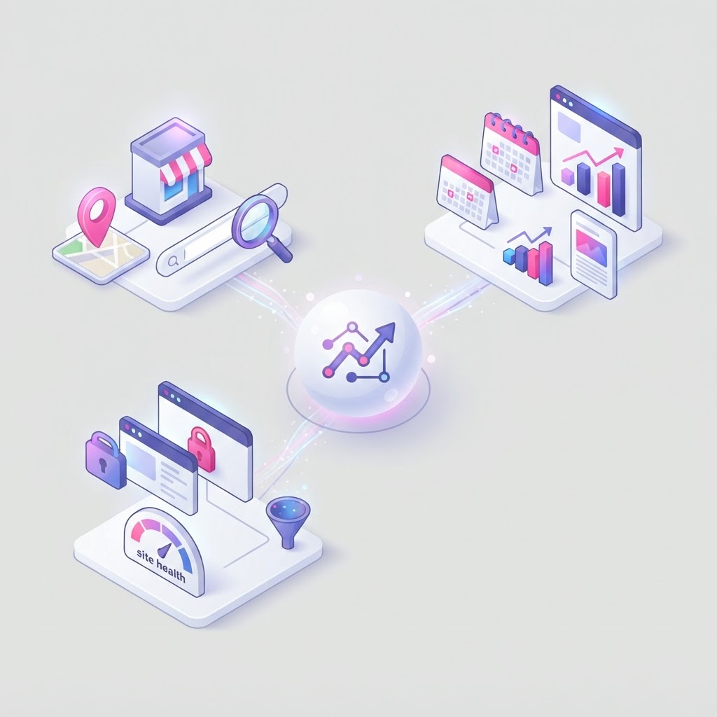 An abstract 3D illustration showing interconnected topic nodes and concepts for semantic SEO.