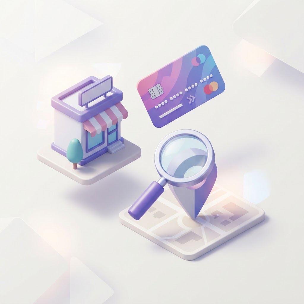 A 3D icon of a storefront next to a digital payment card and map pin symbolizing local search.