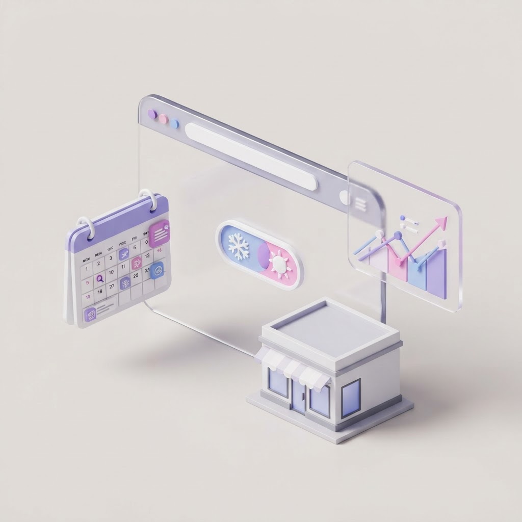 A 3D illustration of a browser interface with a weather toggle, calendar, and storefront icon.