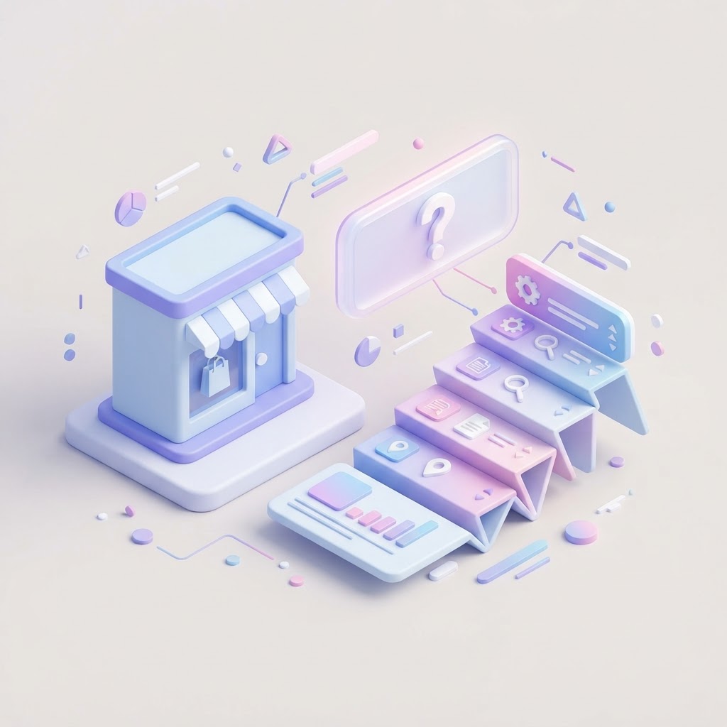 A 3D isometric storefront next to an expanding search query box representing local SEO results.