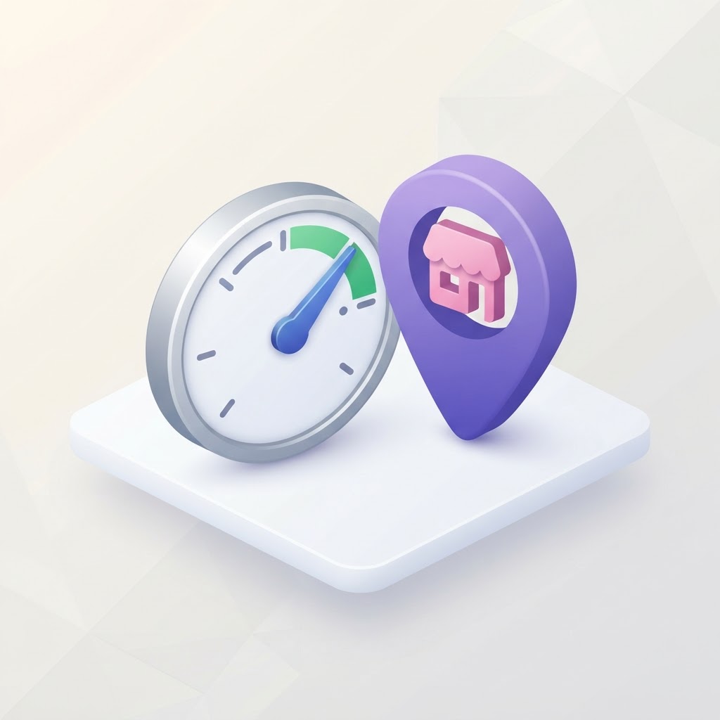 A 3D speedometer gauge icon next to a map pin, symbolizing the link between page speed and SEO.