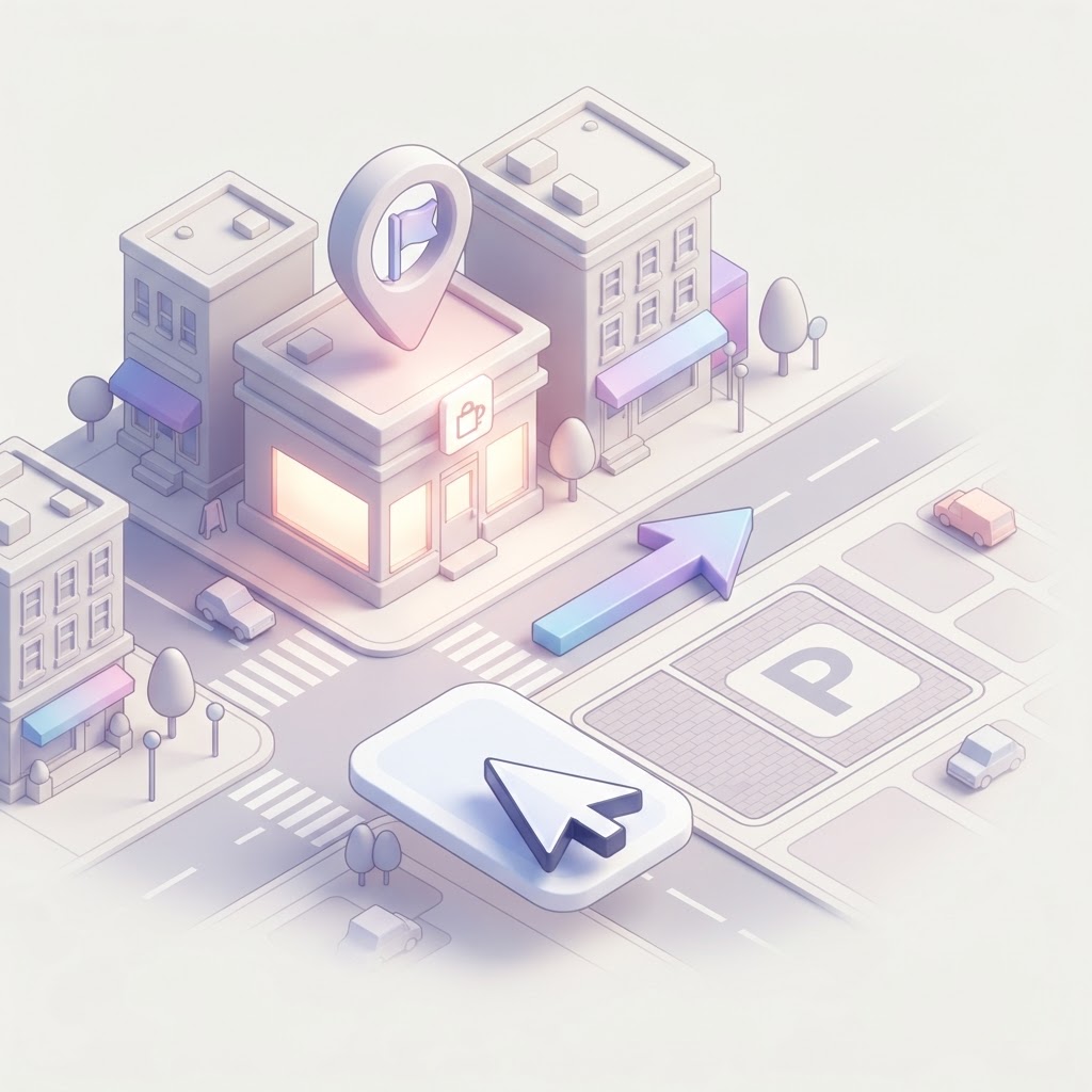 An isometric map with a storefront icon and a clear directional arrow pointing to a parking zone.