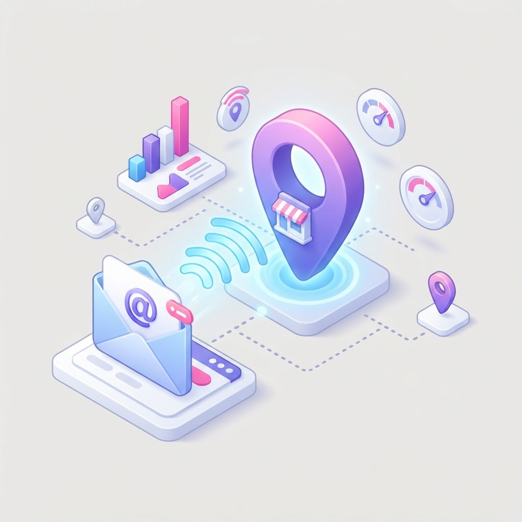A stylized 3D email icon connecting to a local map pin with abstract data pulses and graphics.